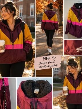 PINK Victoria’s Secret Sherpa Lined Hooded Jacket M/L Colorblock Y2K Streetwear